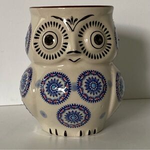 Yokohama Studio Ceramic Owl Mug EUC Blue Geometric Circles Birds Birder 4.5” Cup